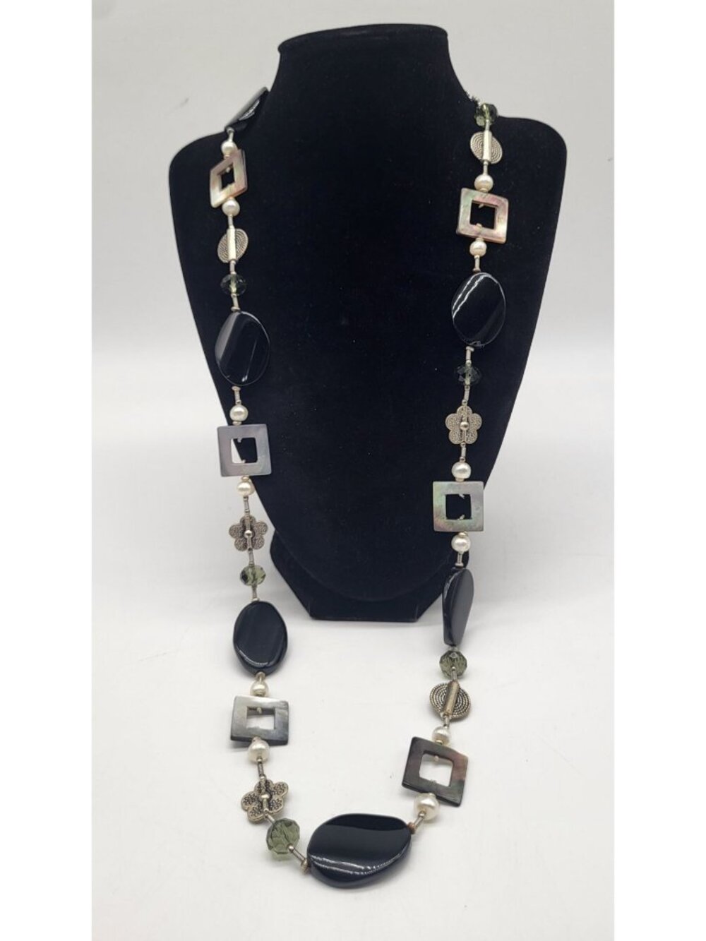 Premier Designs Silver Tone Station Necklace Black Mother Of Pearl Geometric